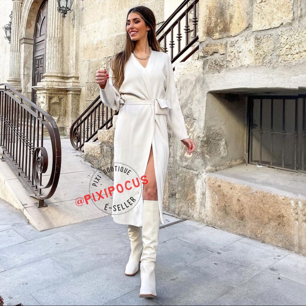 ZARA BELTED LONG RIBBED KNIT COAT / CARDIGAN ECRU WHITE ** MISSSING BAG